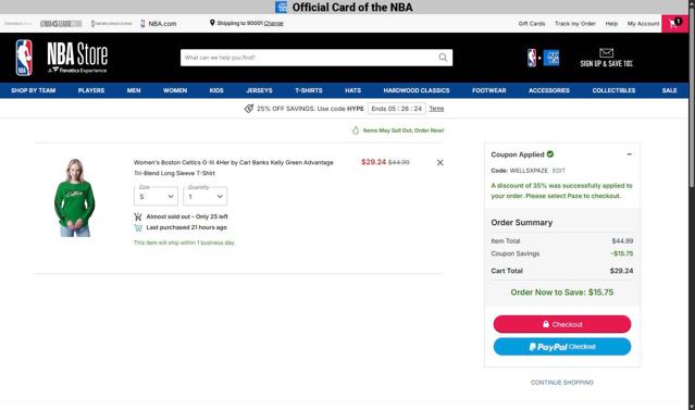 Boston Celtics checkout page showing Boston Celtics promo code box | Screenshot taken by SimplyCodes community member on Oct 3, 2025