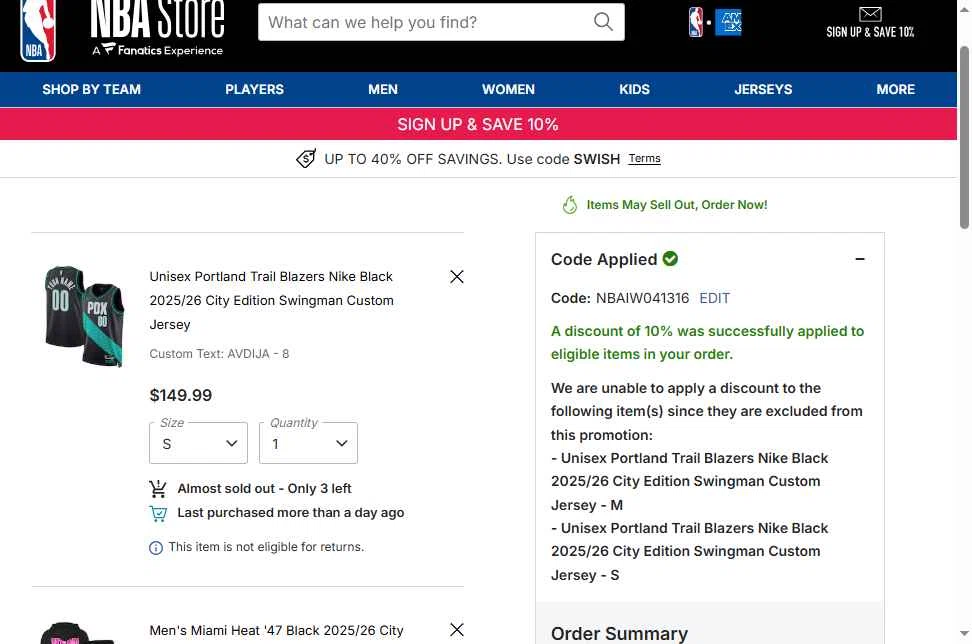 Boston Celtics checkout page showing Boston Celtics promo code box | Screenshot taken by SimplyCodes community member on Dec 26, 2025