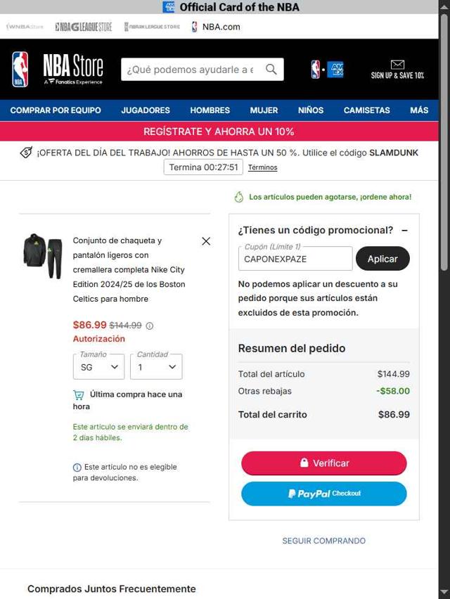 Boston Celtics checkout page showing Boston Celtics promo code box | Screenshot taken by SimplyCodes community member on Sep 2, 2025