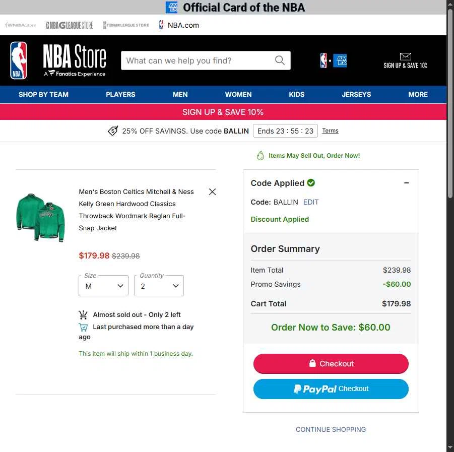 Boston Celtics checkout page showing Boston Celtics promo code box | Screenshot taken by SimplyCodes community member on Jan 23, 2026