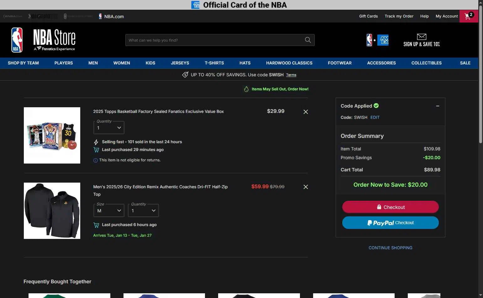 Boston Celtics checkout page showing Boston Celtics promo code box | Screenshot taken by SimplyCodes community member on Dec 28, 2025
