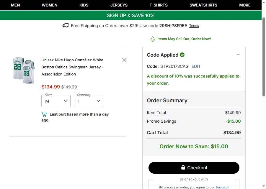 Boston Celtics checkout page showing Boston Celtics promo code box | Screenshot taken by SimplyCodes community member on Jan 13, 2026