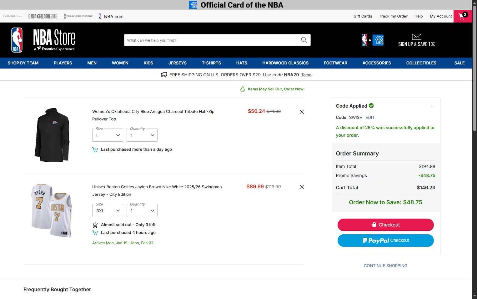 Boston Celtics checkout page showing Boston Celtics promo code box | Screenshot taken by SimplyCodes community member on Jan 3, 2026