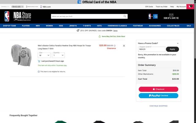 Boston Celtics checkout page showing Boston Celtics promo code box | Screenshot taken by SimplyCodes community member on Oct 5, 2025