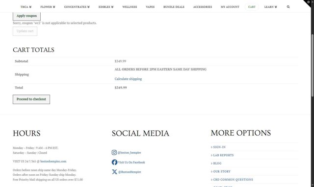Boston Hemp checkout page showing Boston Hemp coupon code box | Screenshot taken by SimplyCodes community member on Sep 8, 2025