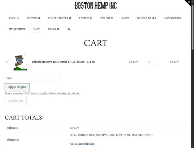 Boston Hemp checkout page showing Boston Hemp coupon code box | Screenshot taken by SimplyCodes community member on Sep 4, 2025