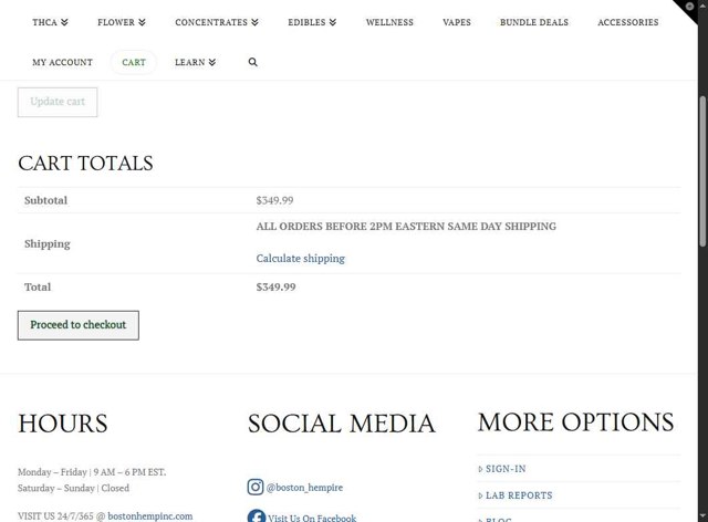 Boston Hemp checkout page showing Boston Hemp coupon code box | Screenshot taken by SimplyCodes community member on Sep 6, 2025