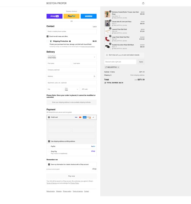 Boston Proper checkout page showing Boston Proper coupon code box | Screenshot taken by SimplyCodes community member on Aug 27, 2025