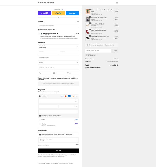 Boston Proper checkout page showing Boston Proper coupon code box | Screenshot taken by SimplyCodes community member on Aug 27, 2025