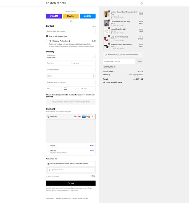 Boston Proper checkout page showing Boston Proper coupon code box | Screenshot taken by SimplyCodes community member on Aug 27, 2025