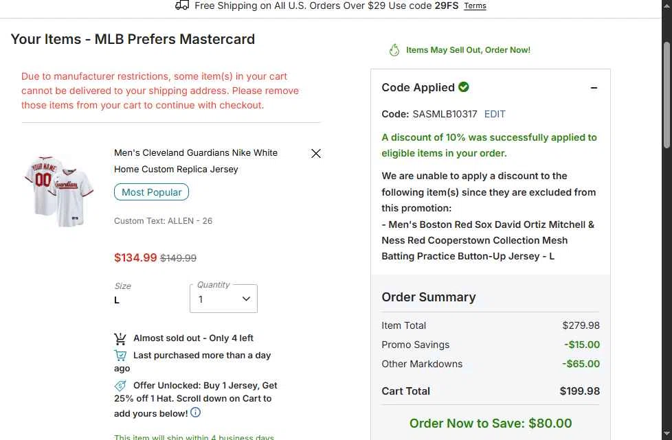 Boston Red Sox checkout page showing Boston Red Sox promo code box | Screenshot taken by SimplyCodes community member on Feb 1, 2026