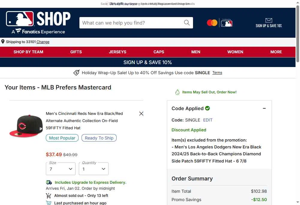 Boston Red Sox checkout page showing Boston Red Sox promo code box | Screenshot taken by SimplyCodes community member on Dec 28, 2025
