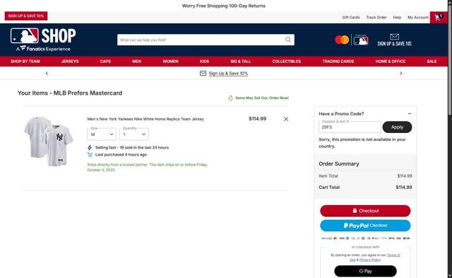 Boston Red Sox checkout page showing Boston Red Sox promo code box | Screenshot taken by SimplyCodes community member on Oct 3, 2025