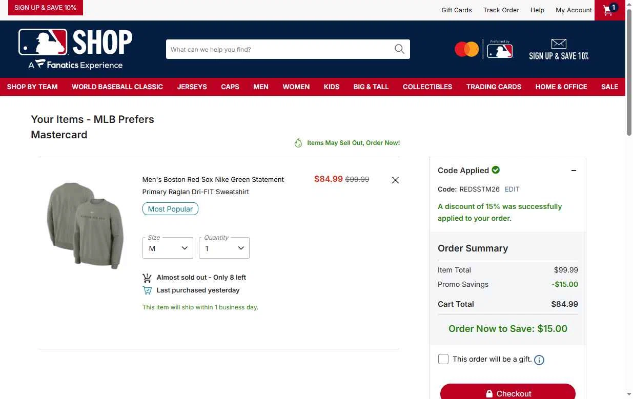 Boston Red Sox checkout page showing Boston Red Sox promo code box | Screenshot taken by SimplyCodes community member on Feb 12, 2026