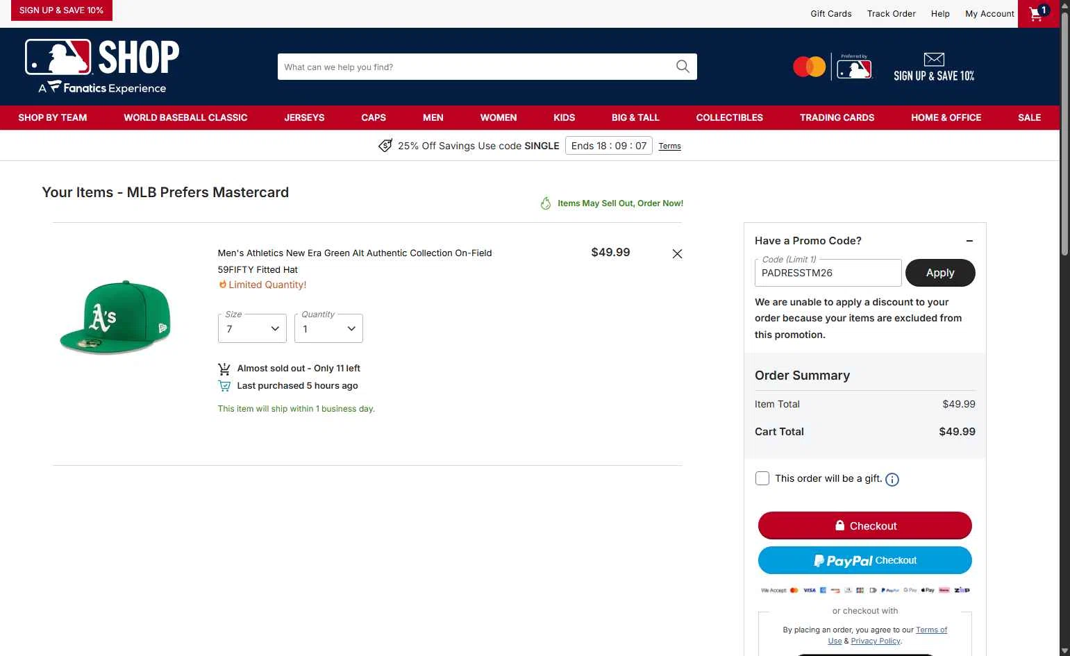 Boston Red Sox checkout page showing Boston Red Sox promo code box | Screenshot taken by SimplyCodes community member on Feb 24, 2026