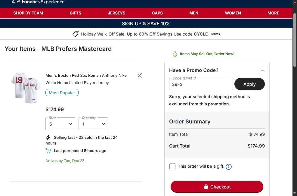 Boston Red Sox checkout page showing Boston Red Sox promo code box | Screenshot taken by SimplyCodes community member on Dec 20, 2025