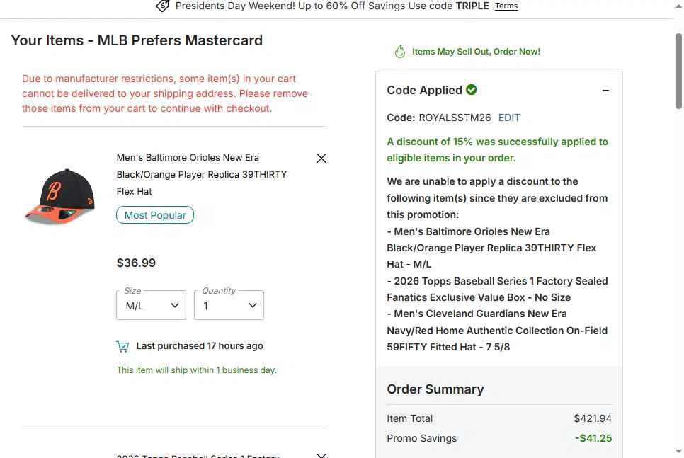 Boston Red Sox checkout page showing Boston Red Sox promo code box | Screenshot taken by SimplyCodes community member on Feb 15, 2026