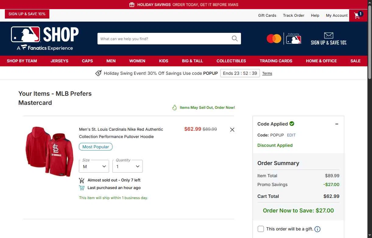 Boston Red Sox checkout page showing Boston Red Sox promo code box | Screenshot taken by SimplyCodes community member on Dec 18, 2025