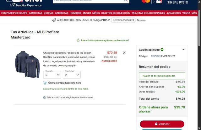 Boston Red Sox checkout page showing Boston Red Sox promo code box | Screenshot taken by SimplyCodes community member on Oct 3, 2025