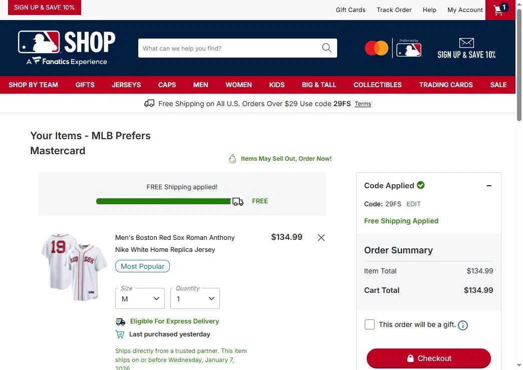 Boston Red Sox checkout page showing Boston Red Sox promo code box | Screenshot taken by SimplyCodes community member on Jan 7, 2026