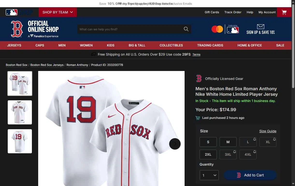 Boston Red Sox checkout page showing Boston Red Sox promo code box | Screenshot taken by SimplyCodes community member on Jan 1, 2026