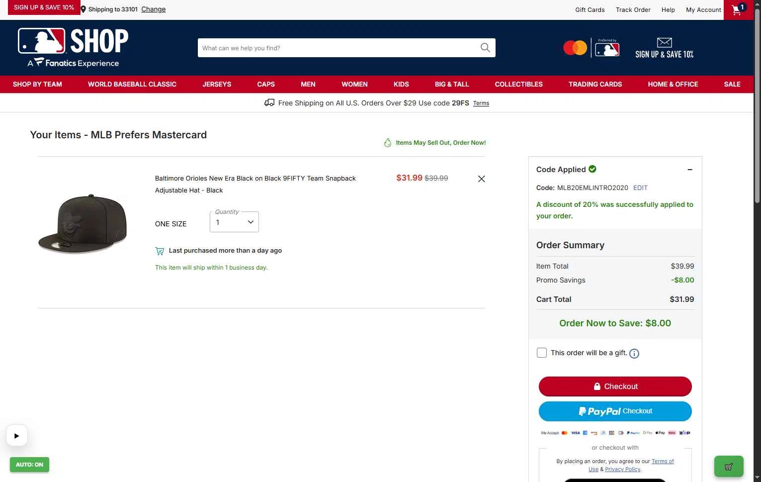 Boston Red Sox checkout page showing Boston Red Sox promo code box | Screenshot taken by SimplyCodes community member on Feb 6, 2026