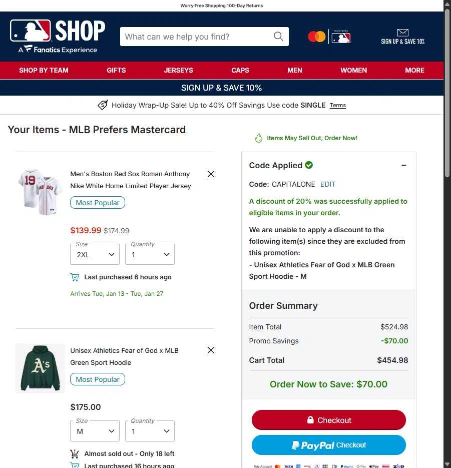 Boston Red Sox checkout page showing Boston Red Sox promo code box | Screenshot taken by SimplyCodes community member on Dec 27, 2025