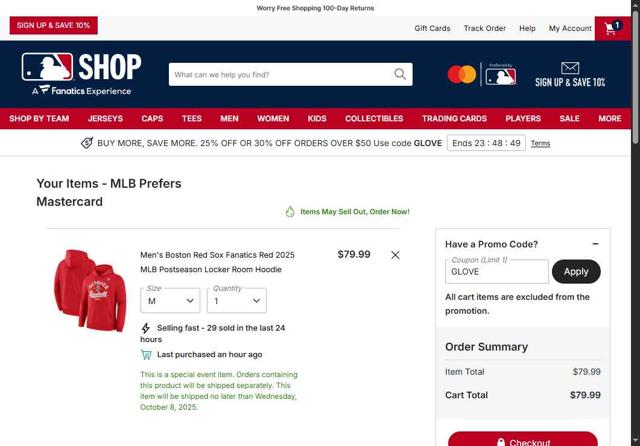 Boston Red Sox checkout page showing Boston Red Sox promo code box | Screenshot taken by SimplyCodes community member on Sep 30, 2025