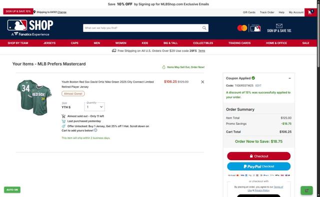 Boston Red Sox checkout page showing Boston Red Sox promo code box | Screenshot taken by SimplyCodes community member on Sep 7, 2025