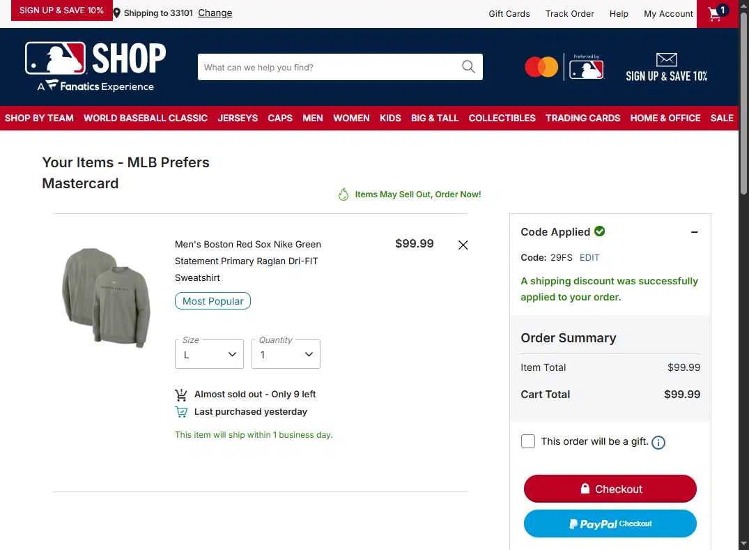 Boston Red Sox checkout page showing Boston Red Sox promo code box | Screenshot taken by SimplyCodes community member on Feb 12, 2026