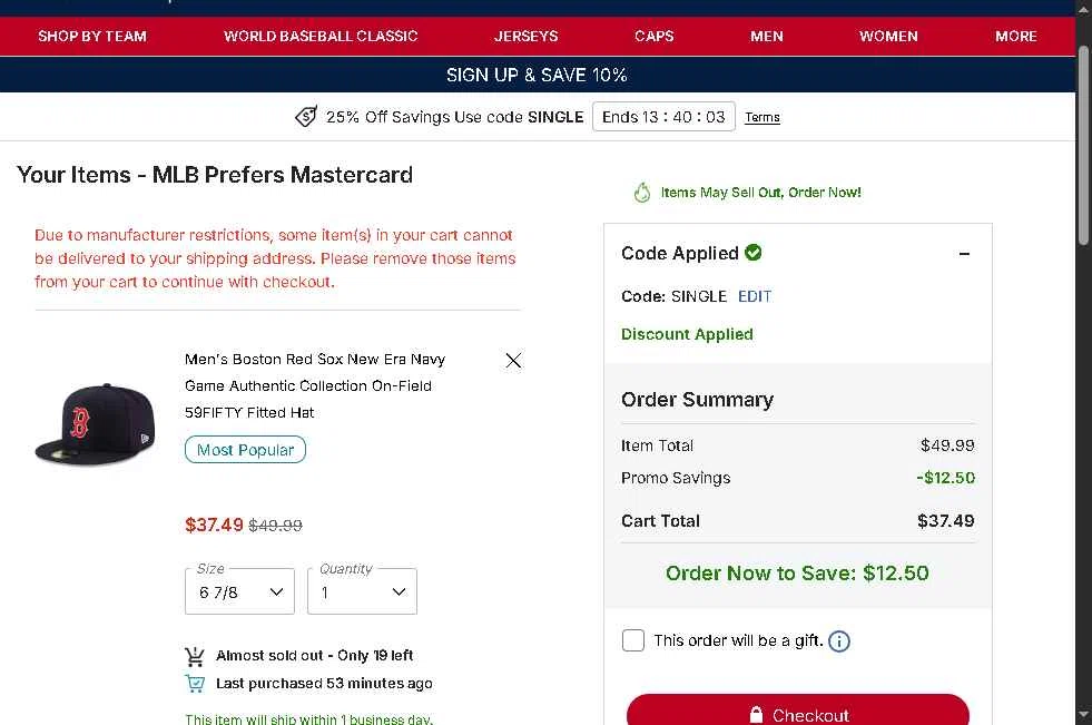 Boston Red Sox checkout page showing Boston Red Sox promo code box | Screenshot taken by SimplyCodes community member on Feb 4, 2026