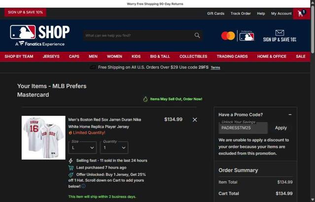 Boston Red Sox checkout page showing Boston Red Sox promo code box | Screenshot taken by SimplyCodes community member on Sep 7, 2025