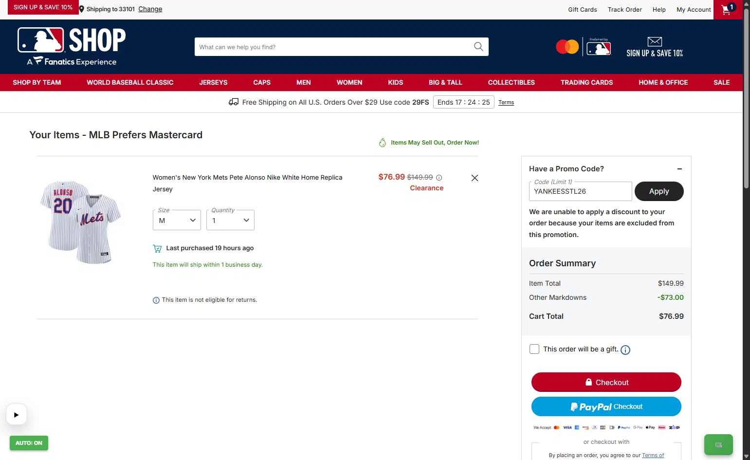 Boston Red Sox checkout page showing Boston Red Sox promo code box | Screenshot taken by SimplyCodes community member on Feb 12, 2026