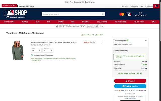 Boston Red Sox checkout page showing Boston Red Sox promo code box | Screenshot taken by SimplyCodes community member on Oct 3, 2025
