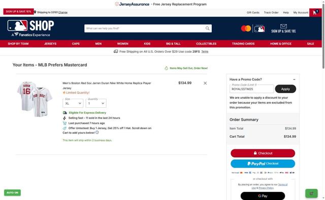 Boston Red Sox checkout page showing Boston Red Sox promo code box | Screenshot taken by SimplyCodes community member on Sep 7, 2025