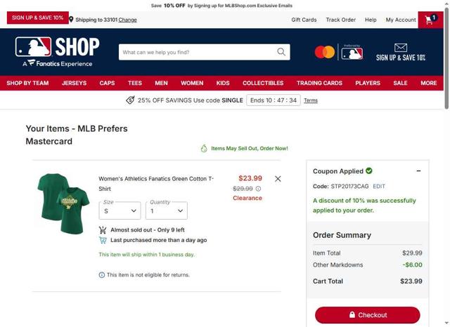 Boston Red Sox checkout page showing Boston Red Sox promo code box | Screenshot taken by SimplyCodes community member on Sep 29, 2025