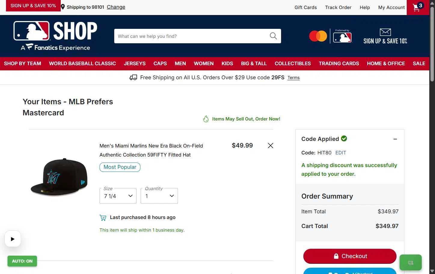 Boston Red Sox checkout page showing Boston Red Sox promo code box | Screenshot taken by SimplyCodes community member on Feb 2, 2026