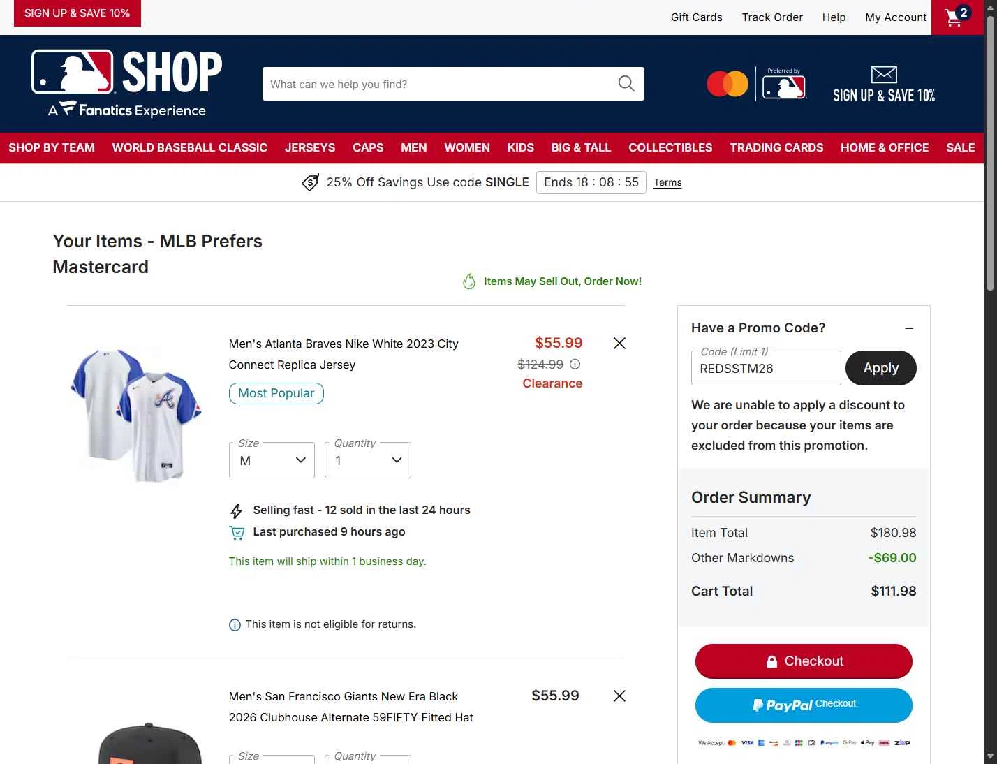 Boston Red Sox checkout page showing Boston Red Sox promo code box | Screenshot taken by SimplyCodes community member on Feb 24, 2026