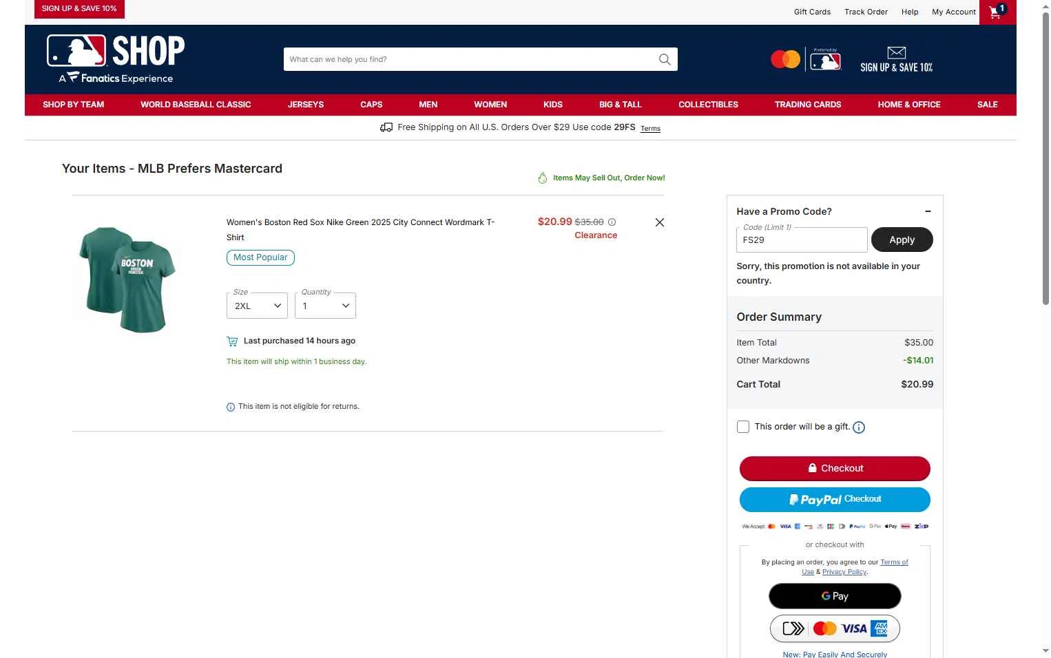 Boston Red Sox checkout page showing Boston Red Sox promo code box | Screenshot taken by SimplyCodes community member on Feb 8, 2026