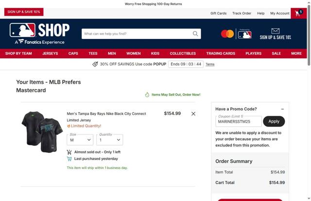 Boston Red Sox checkout page showing Boston Red Sox promo code box | Screenshot taken by SimplyCodes community member on Oct 3, 2025