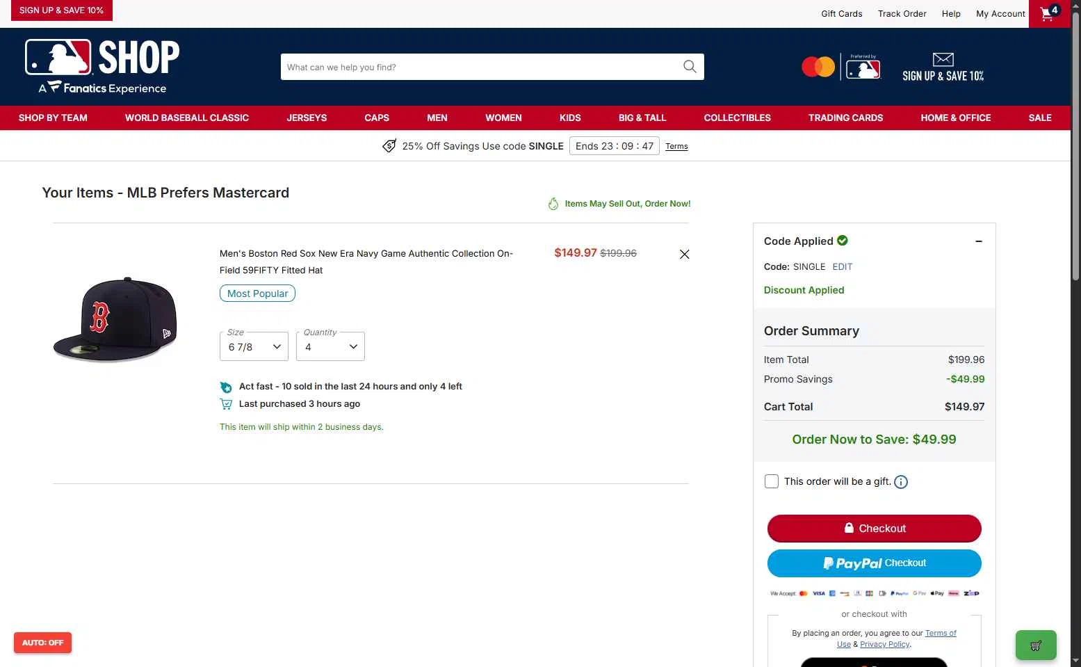Boston Red Sox checkout page showing Boston Red Sox promo code box | Screenshot taken by SimplyCodes community member on Jan 28, 2026