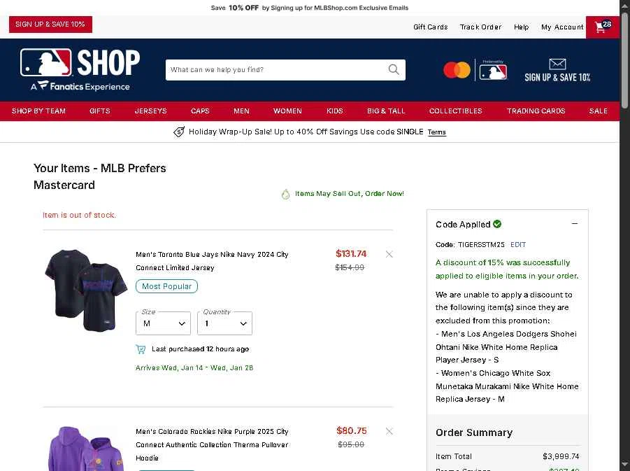 Boston Red Sox checkout page showing Boston Red Sox promo code box | Screenshot taken by SimplyCodes community member on Dec 26, 2025