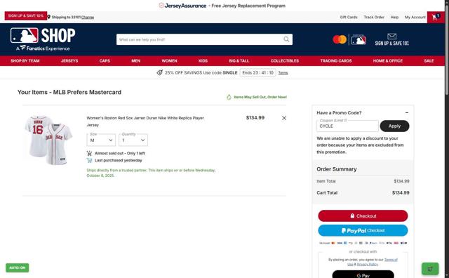 Boston Red Sox checkout page showing Boston Red Sox promo code box | Screenshot taken by SimplyCodes community member on Sep 10, 2025