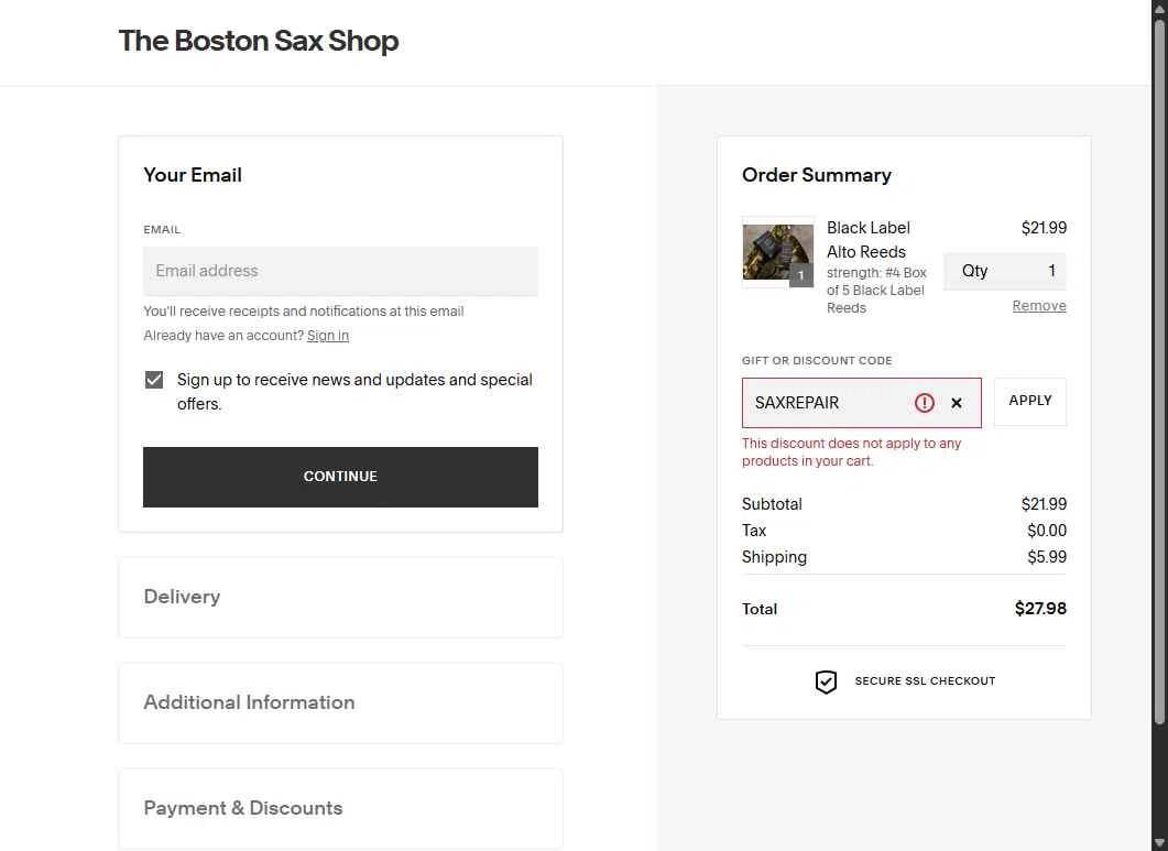 The Boston Sax Shop checkout page showing The Boston Sax Shop promo code box | Screenshot taken by SimplyCodes community member on Jul 21, 2025