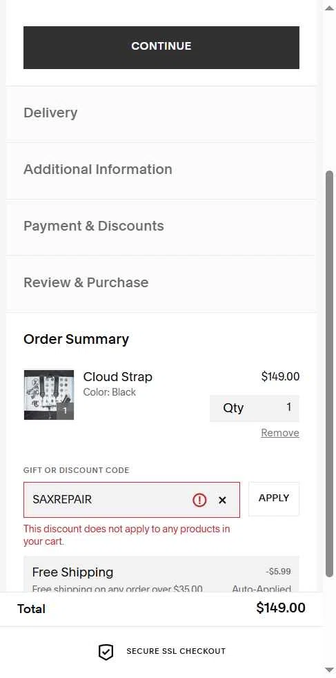 The Boston Sax Shop checkout page showing The Boston Sax Shop promo code box | Screenshot taken by SimplyCodes community member on Jun 12, 2025