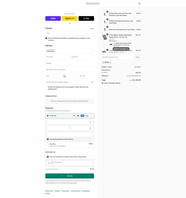 Botanical Interests checkout page showing Botanical Interests promo code box | Screenshot taken by SimplyCodes community member on Sep 5, 2025