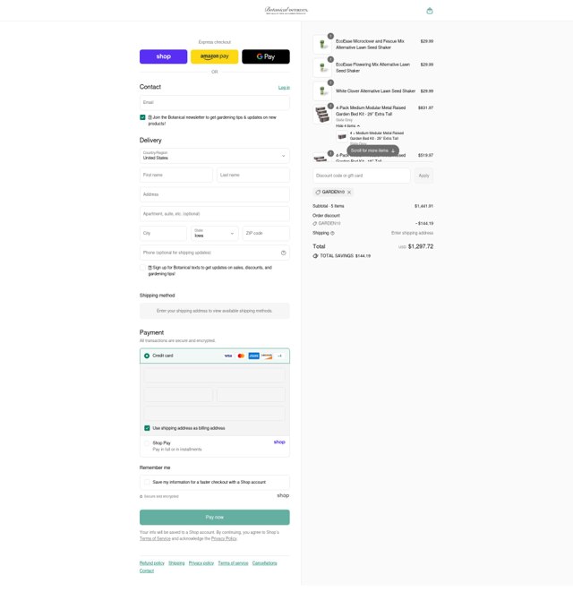 Botanical Interests checkout page showing Botanical Interests promo code box | Screenshot taken by SimplyCodes community member on Sep 5, 2025