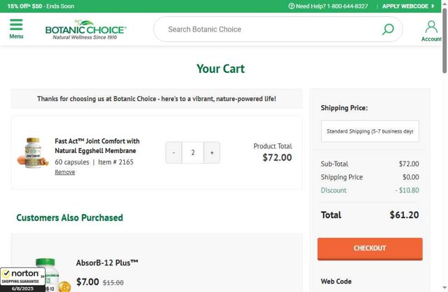 Botanic Choice checkout page showing Botanic Choice promo code box | Screenshot taken by SimplyCodes community member on Aug 6, 2025