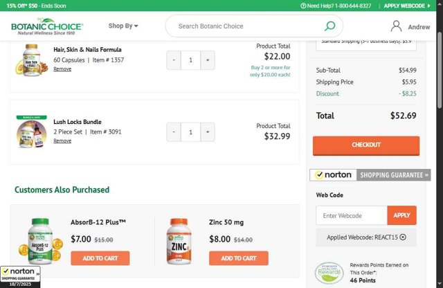 Botanic Choice checkout page showing Botanic Choice promo code box | Screenshot taken by SimplyCodes community member on Jul 18, 2025