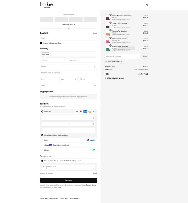 Botkier checkout page showing Botkier promo code box | Screenshot taken by SimplyCodes community member on Mar 11, 2025